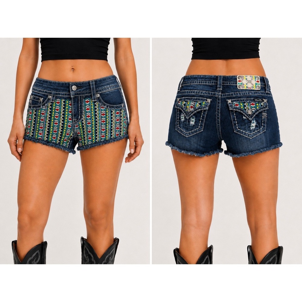 Miss Me Signature Aztec Embroidered Sequin Denim Shorts Dark Wash Size 30